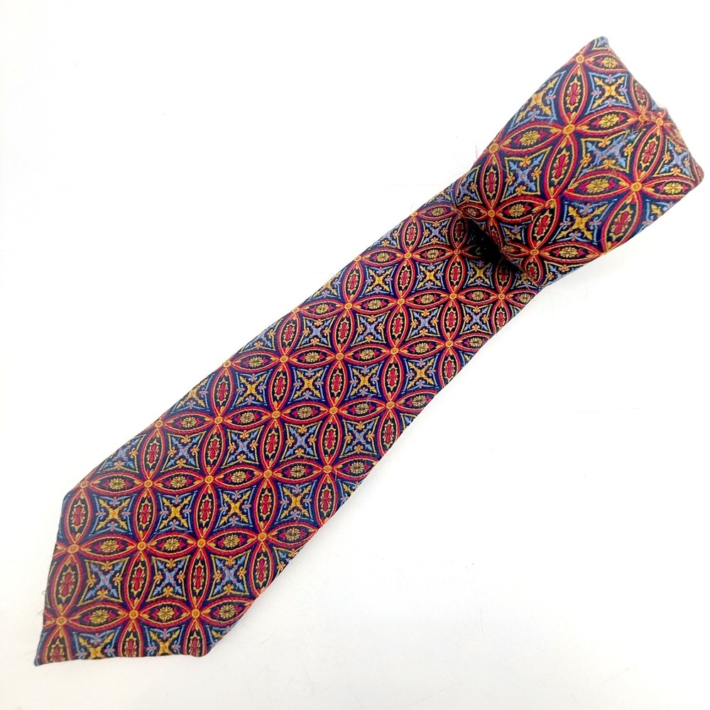 Haines & Bonner London Tie Mens OS Navy Red Gold Silk Geometric Medallion - Picture 2 of 8